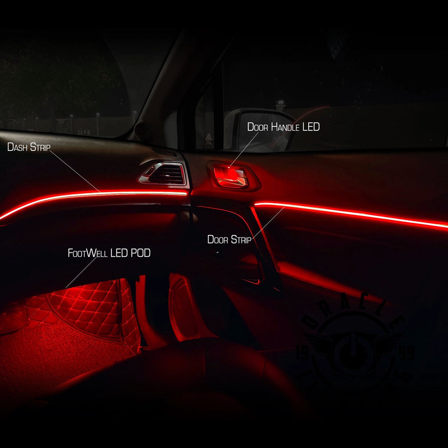 Dynamic ColorSHIFT 18-Piece Universal LED Interior Kit - Bluetooth Multi-Zone Lighting with red LED highlights in a car.