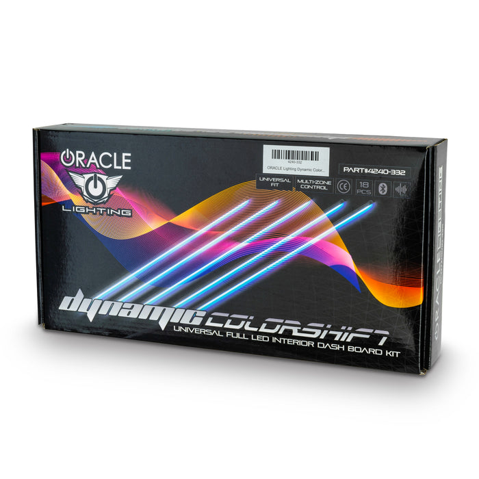 Dynamic ColorSHIFT 18-Piece Universal LED Interior Kit - Bluetooth Multi-Zone Lighting packaging with colorful lighting design.
