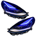 Tesla Model 3 headlights with blue DRLs.