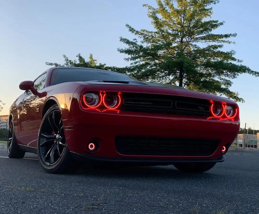 Red challenger with red headlight and fog light halos