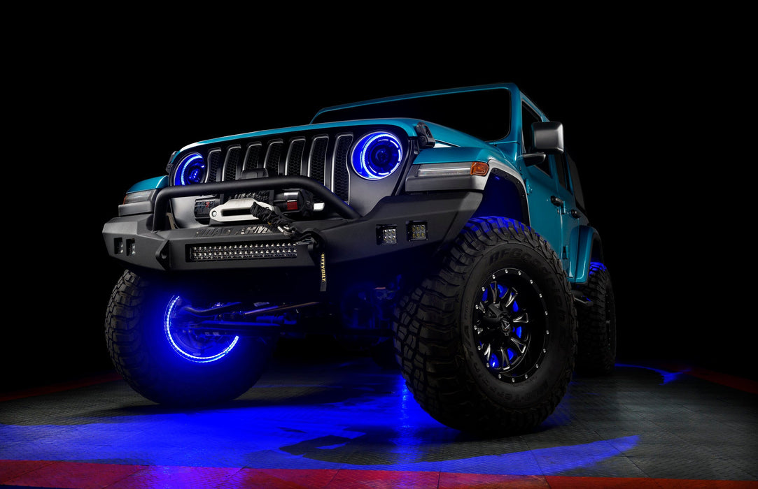 Aqua jeep with blue LED halos and wheel rings