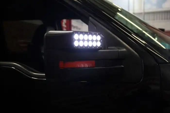 Close-up of a LED Off-Road Side Mirror installed on a Ford F-150.