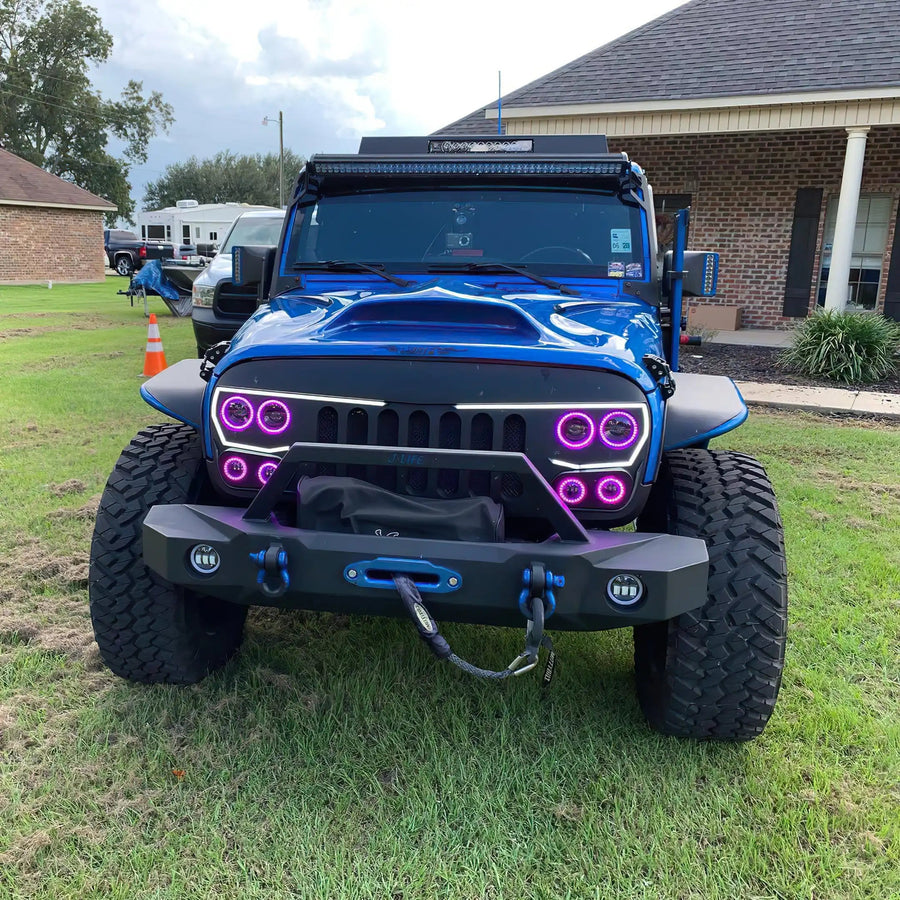 Front end of Jeep Wrangler with purple Vector™ Series Grill LED Halo Kit