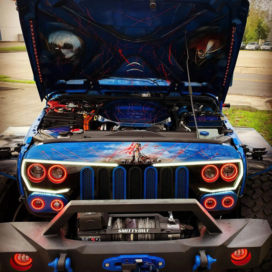 Front end of a Jeep Wrangler with Vector™ Series Grill LED Halo Kit installed.