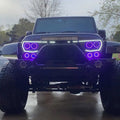 Front end of a Jeep Wrangler with Vector™ Series Grill LED Halo Kit installed.