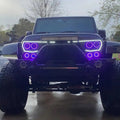 Front end of a Jeep Wrangler with Vector™ Series Grill LED Halo Kit installed.