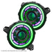 Front view of Oculus Headlights with green outer halo, and purple inner halo.