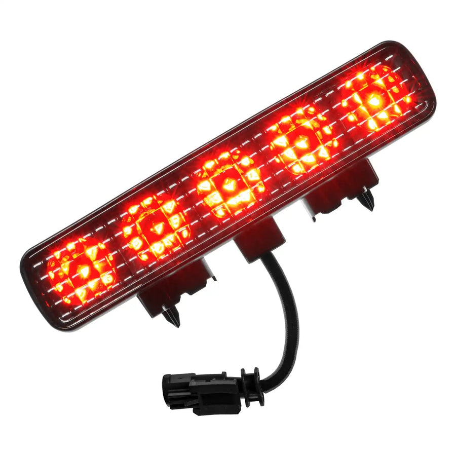Front view of Jeep Wrangler JL "Smoked Lens" LED Third Brake Light with LEDs on.