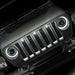 Front end of a Jeep Wrangler JL with white Pre-Runner Style LED Grill Light Kit installed.