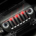 Front end of a Jeep Wrangler with red Pre-Runner Style LED Grill Light Kit installed.