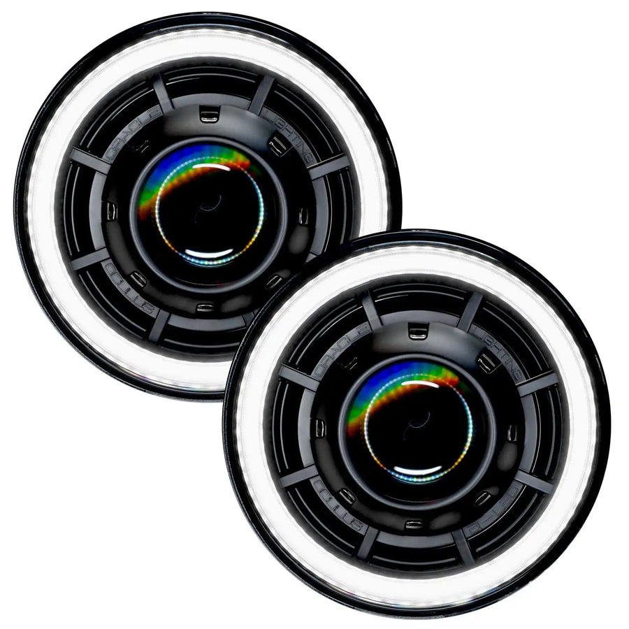 Oculus™ 7" Bi-LED Projector Headlights for Jeep Wrangler JK with white halos.