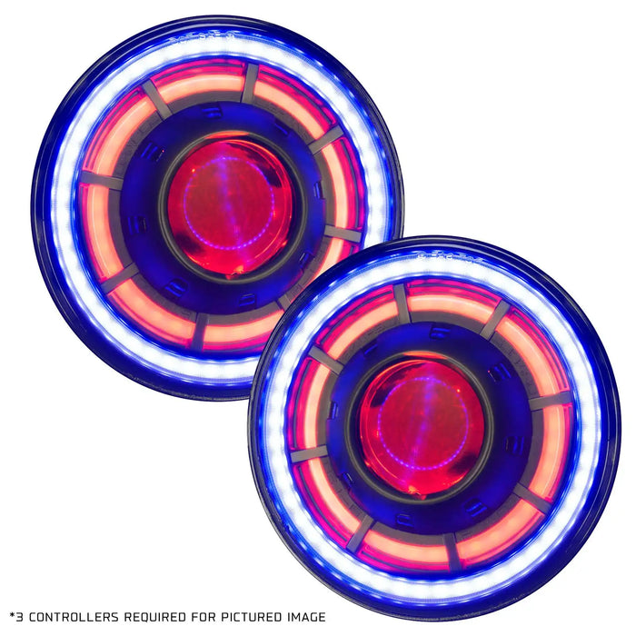 7" Oculus Headlights with blue LED outer halo ring, red LED inner halo ring, and red demon eye projector.