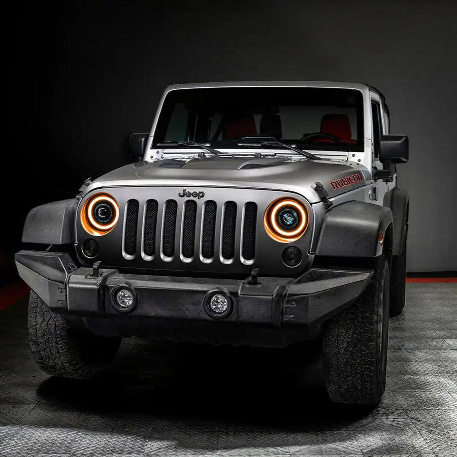 Front view of Jeep Wrangler JK with 7" Oculus Switchback Headlights.