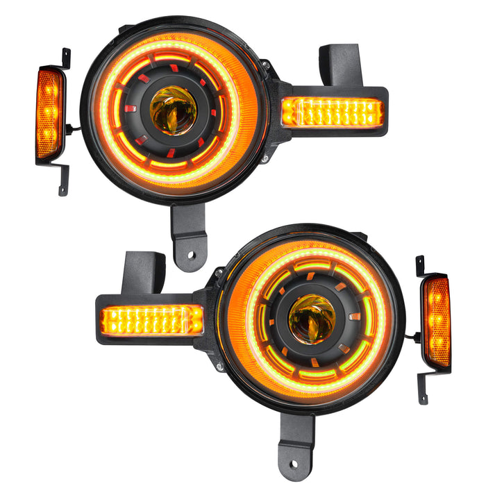 Product view of Oculus™ ColorSHIFT® Bi-LED Projector Headlights for 2021+ Ford Bronco with amber LEDs