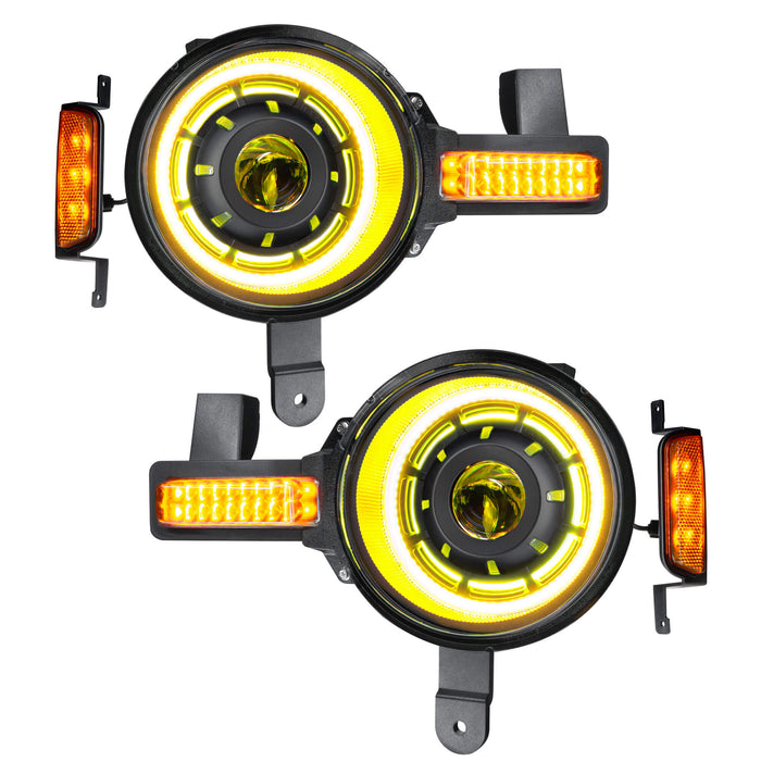 Product view of Oculus™ ColorSHIFT® Bi-LED Projector Headlights for 2021+ Ford Bronco with yellow LEDs