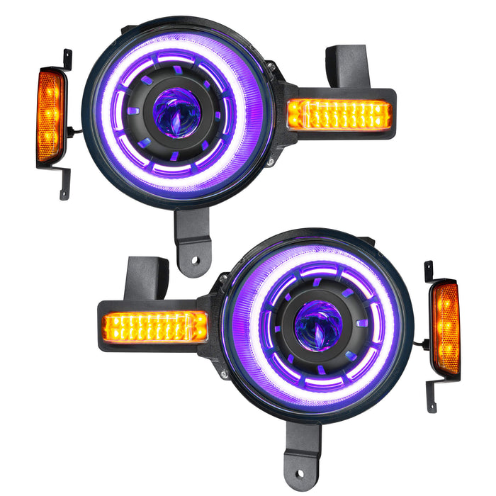 Product view of Oculus™ ColorSHIFT® Bi-LED Projector Headlights for 2021+ Ford Bronco with purple LEDs
