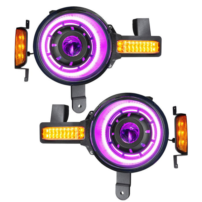 Product view of Oculus™ ColorSHIFT® Bi-LED Projector Headlights for 2021+ Ford Bronco with pink LEDs