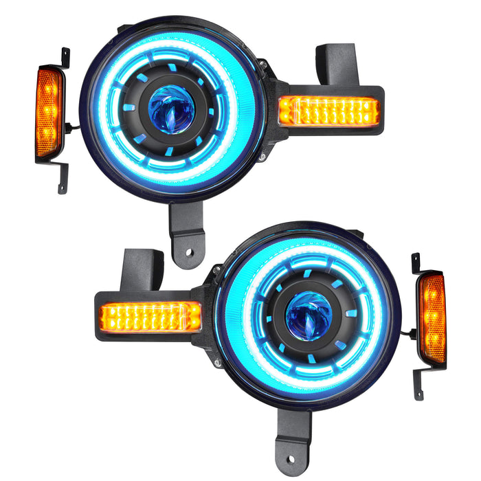Product view of Oculus™ ColorSHIFT® Bi-LED Projector Headlights for 2021+ Ford Bronco with cyan LEDs