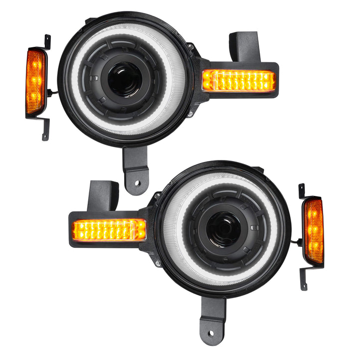 Product view of Oculus™ ColorSHIFT® Bi-LED Projector Headlights for 2021+ Ford Bronco with white outer halo ring