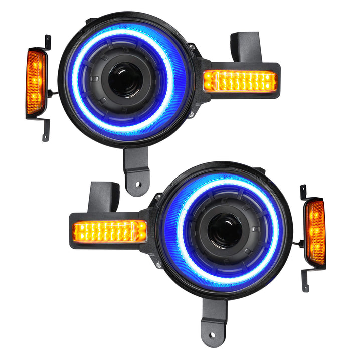 Product view of Oculus™ ColorSHIFT® Bi-LED Projector Headlights for 2021+ Ford Bronco with blue outer halo ring