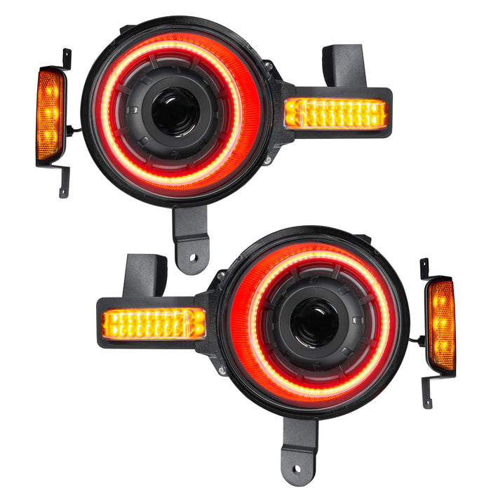 Product view of Oculus™ ColorSHIFT® Bi-LED Projector Headlights for 2021+ Ford Bronco with red outer halo ring