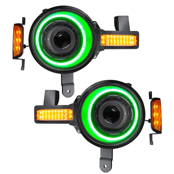Product view of Oculus™ ColorSHIFT® Bi-LED Projector Headlights for 2021+ Ford Bronco with green outer halo ring