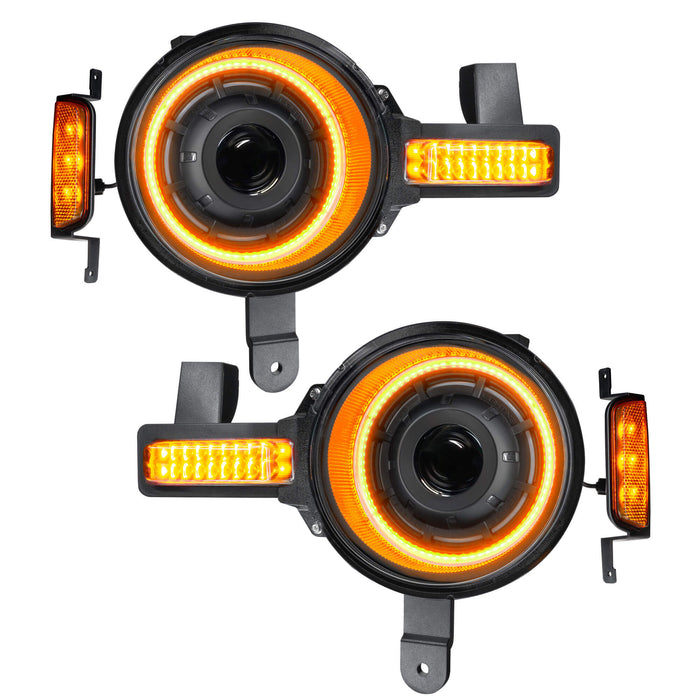 Product view of Oculus™ ColorSHIFT® Bi-LED Projector Headlights for 2021+ Ford Bronco with amber outer halo ring