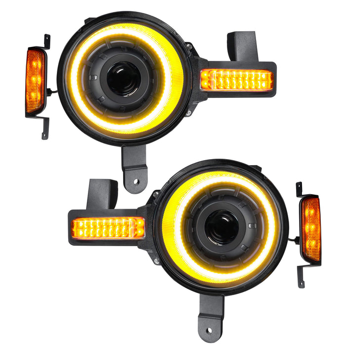 Product view of Oculus™ ColorSHIFT® Bi-LED Projector Headlights for 2021+ Ford Bronco with yellow outer halo ring