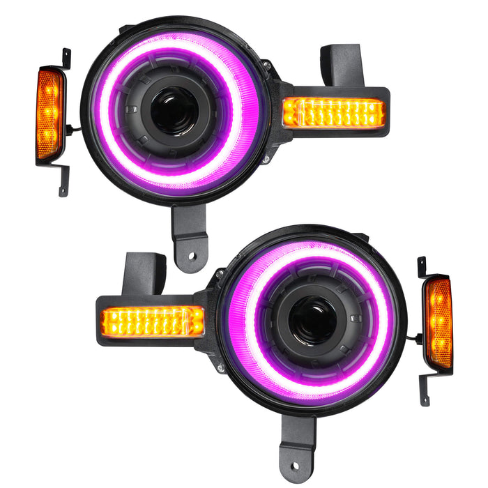 Product view of Oculus™ ColorSHIFT® Bi-LED Projector Headlights for 2021+ Ford Bronco with pink outer halo ring