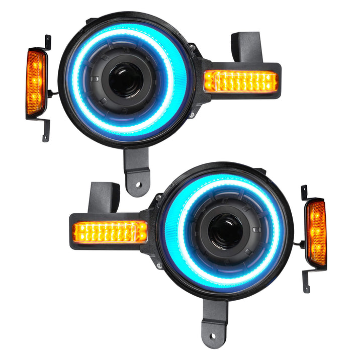 Product view of Oculus™ ColorSHIFT® Bi-LED Projector Headlights for 2021+ Ford Bronco with cyan outer halo ring