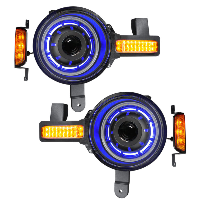 Product view of Oculus™ ColorSHIFT® Bi-LED Projector Headlights for 2021+ Ford Bronco with blue inner halo ring