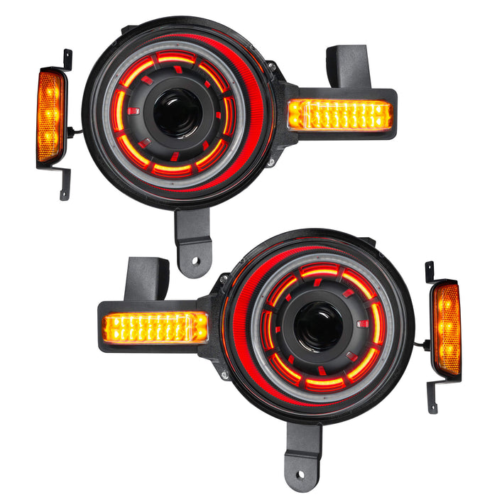 Product view of Oculus™ ColorSHIFT® Bi-LED Projector Headlights for 2021+ Ford Bronco with red inner halo ring