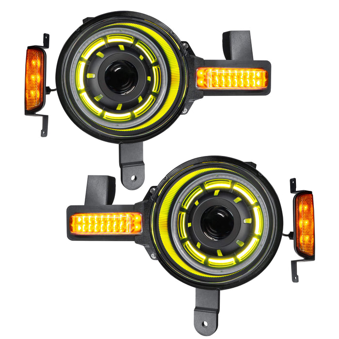 Product view of Oculus™ ColorSHIFT® Bi-LED Projector Headlights for 2021+ Ford Bronco with yellow inner halo ring