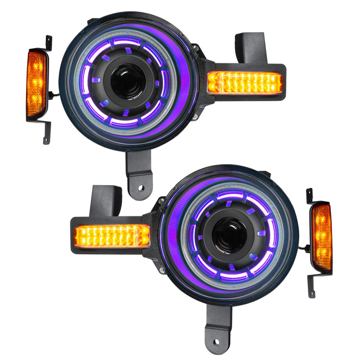 Product view of Oculus™ ColorSHIFT® Bi-LED Projector Headlights for 2021+ Ford Bronco with purple inner halo ring