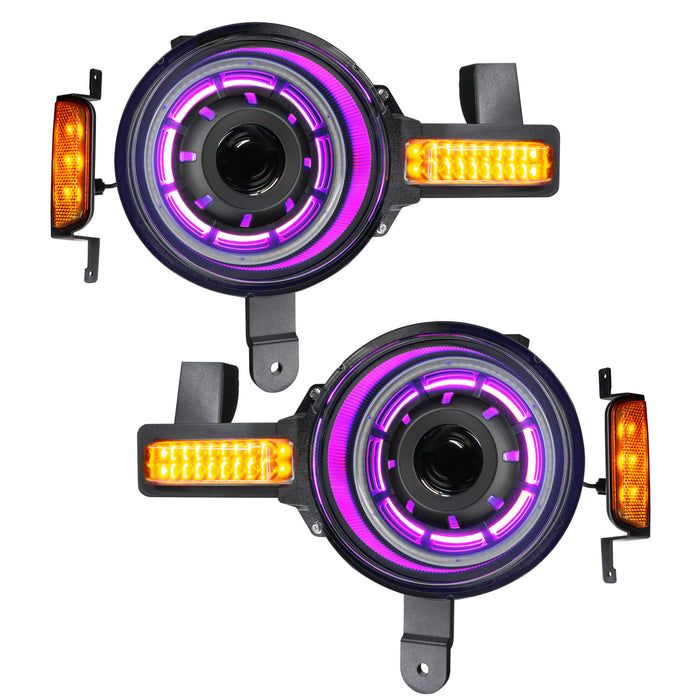 Product view of Oculus™ ColorSHIFT® Bi-LED Projector Headlights for 2021+ Ford Bronco with pink inner halo ring
