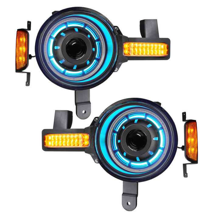 Product view of Oculus™ ColorSHIFT® Bi-LED Projector Headlights for 2021+ Ford Bronco with cyan inner halo ring