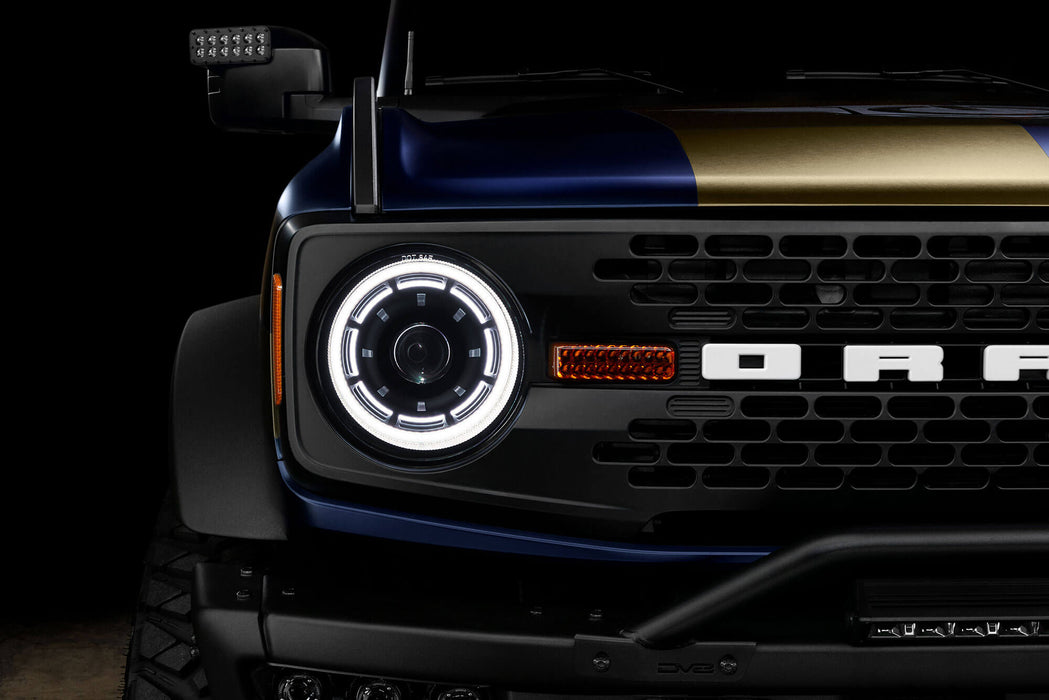 Close up view of Oculus™ ColorSHIFT® Bi-LED Projector Headlights installed on Ford Bronco with white LEDs