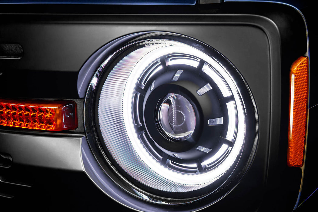 Extreme close up view of Oculus™ ColorSHIFT® Bi-LED Projector Headlights installed with white LEDs