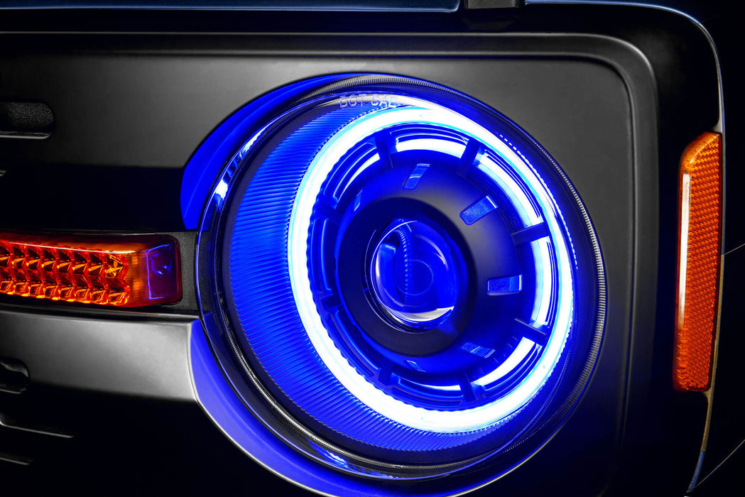 Extreme close up view of Oculus™ ColorSHIFT® Bi-LED Projector Headlights installed with blue LEDs