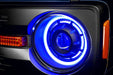 Extreme close up view of Oculus™ ColorSHIFT® Bi-LED Projector Headlights installed with blue LEDs