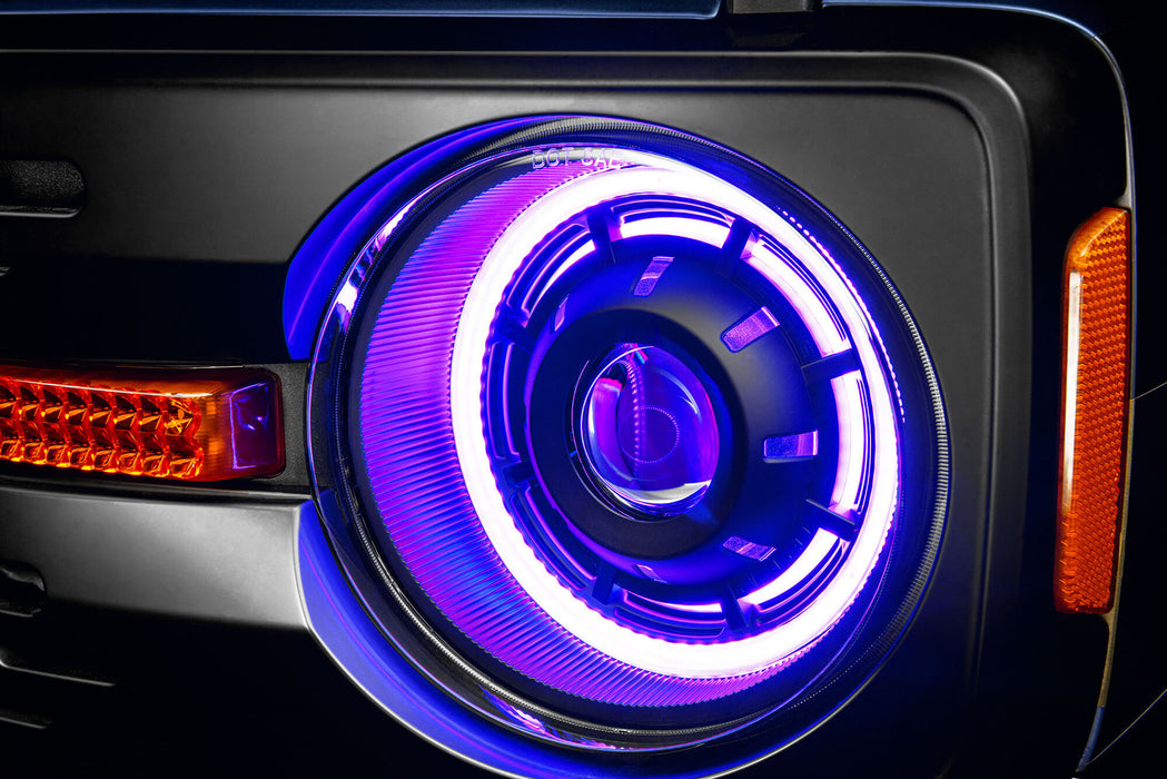 Extreme close up view of Oculus™ ColorSHIFT® Bi-LED Projector Headlights installed with purple LEDs