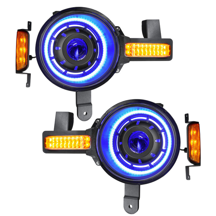 Product view of Oculus™ ColorSHIFT® Bi-LED Projector Headlights for 2021+ Ford Bronco with blue LEDs