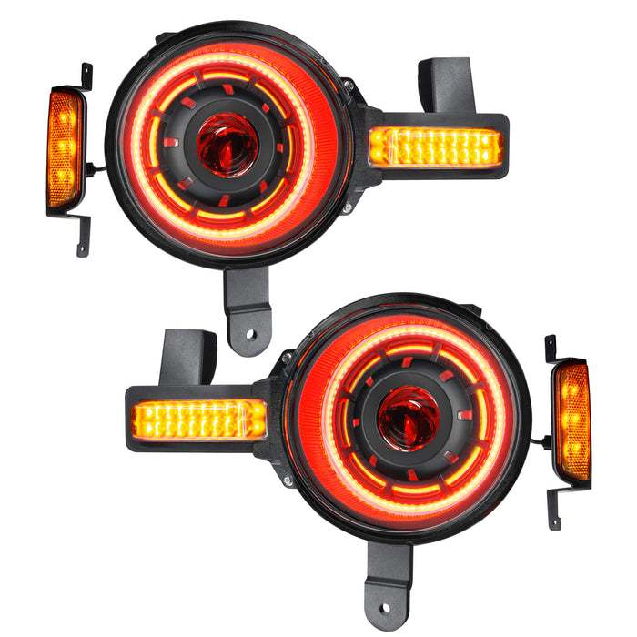 Product view of Oculus™ ColorSHIFT® Bi-LED Projector Headlights for 2021+ Ford Bronco with red LEDs