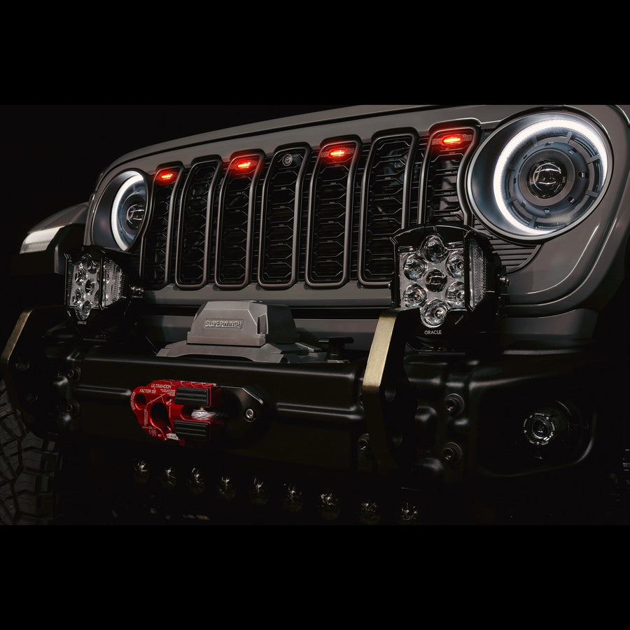 2024+ Jeep Wrangler JL/ Gladiator JT Pre-Runner Style LED Grill Light Kit - PRE-ORDER installed on a Wrangler front.