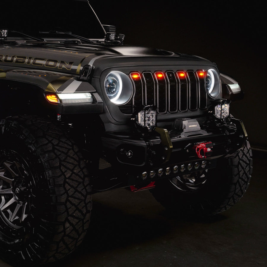2024+ Jeep Wrangler JL/ Gladiator JT Pre-Runner Style LED Grill Light Kit - PRE-ORDER installed on Jeep Rubicon.