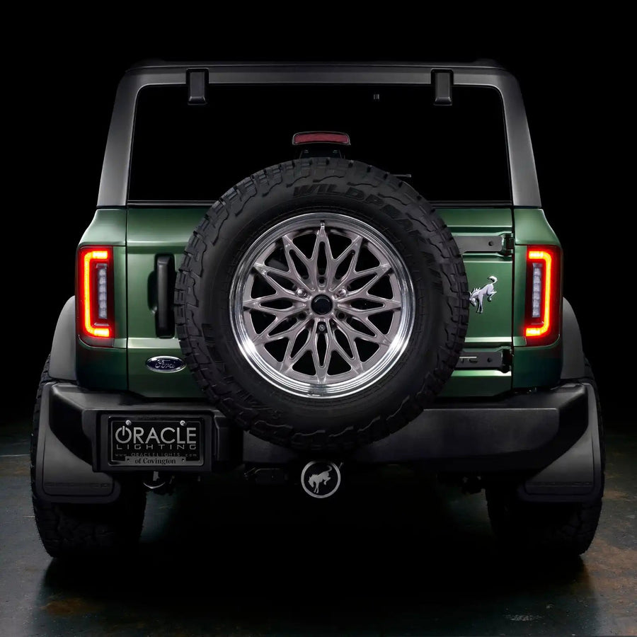 Rear view of Ford Bronco with Flush Style LED Tail Lights installed, and DRLs on.
