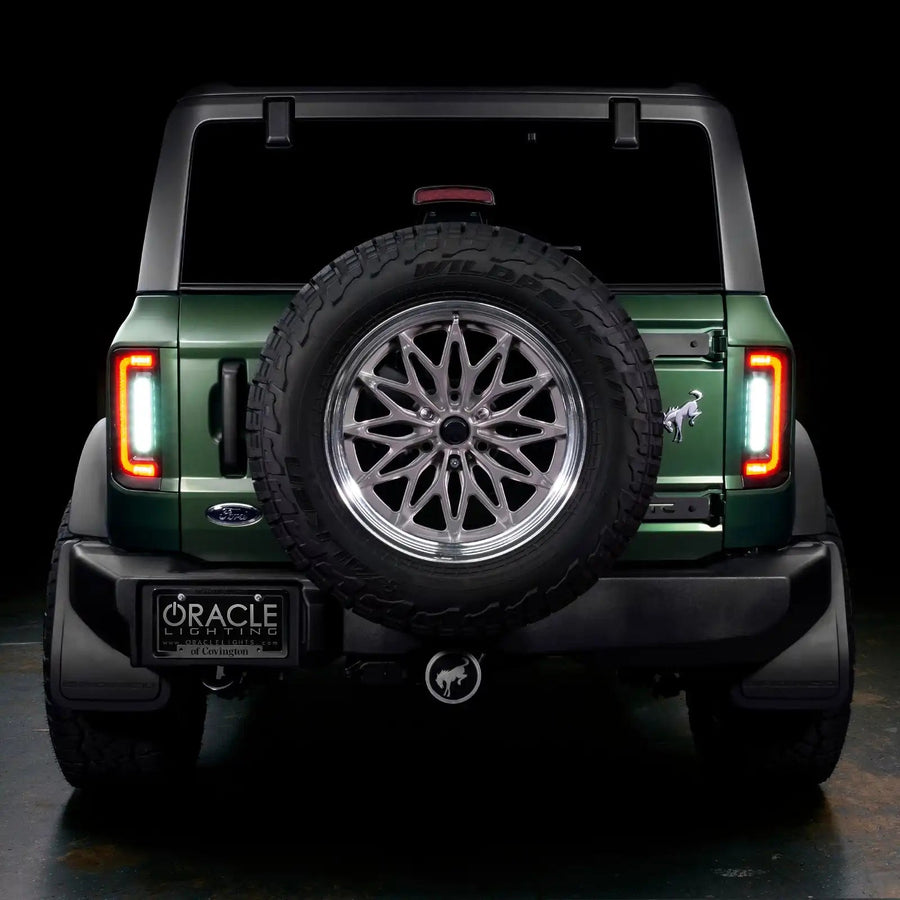 Rear view of Ford Bronco with Flush Style LED Tail Lights installed, and reverse lights on.