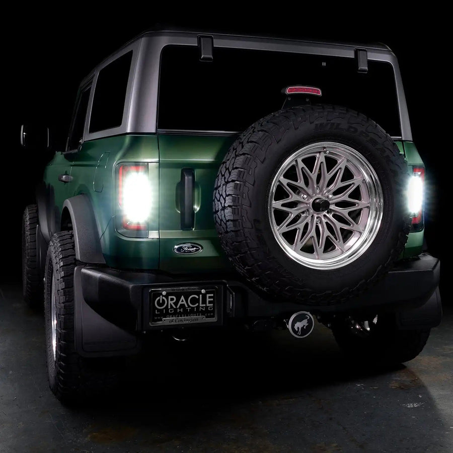 Rear view of Ford Bronco with Flush Style LED Tail Lights installed, and reverse lights on.