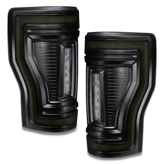 Angled view of Flush Mount LED Tail Lights for 2017-2022 Ford F-250/350 Superduty with tinted lens.