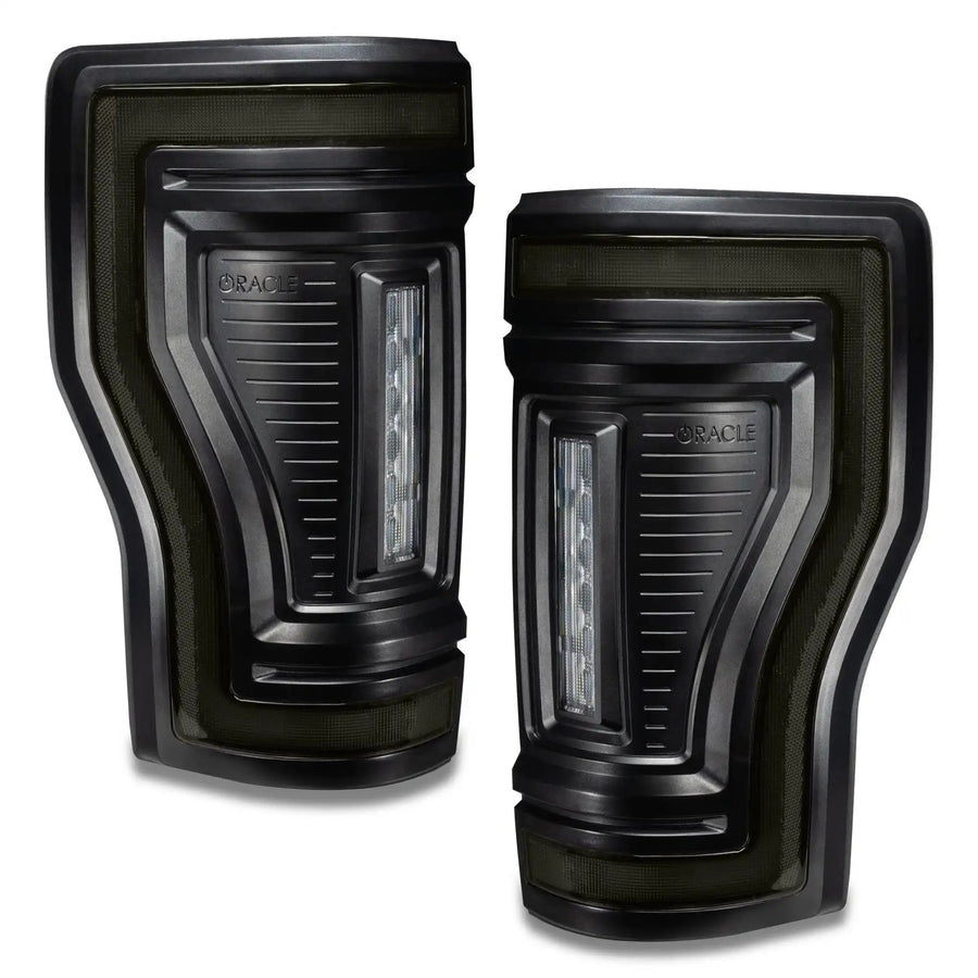 Angled view of Flush Mount LED Tail Lights for 2017-2022 Ford F-250/350 Superduty with tinted lens.